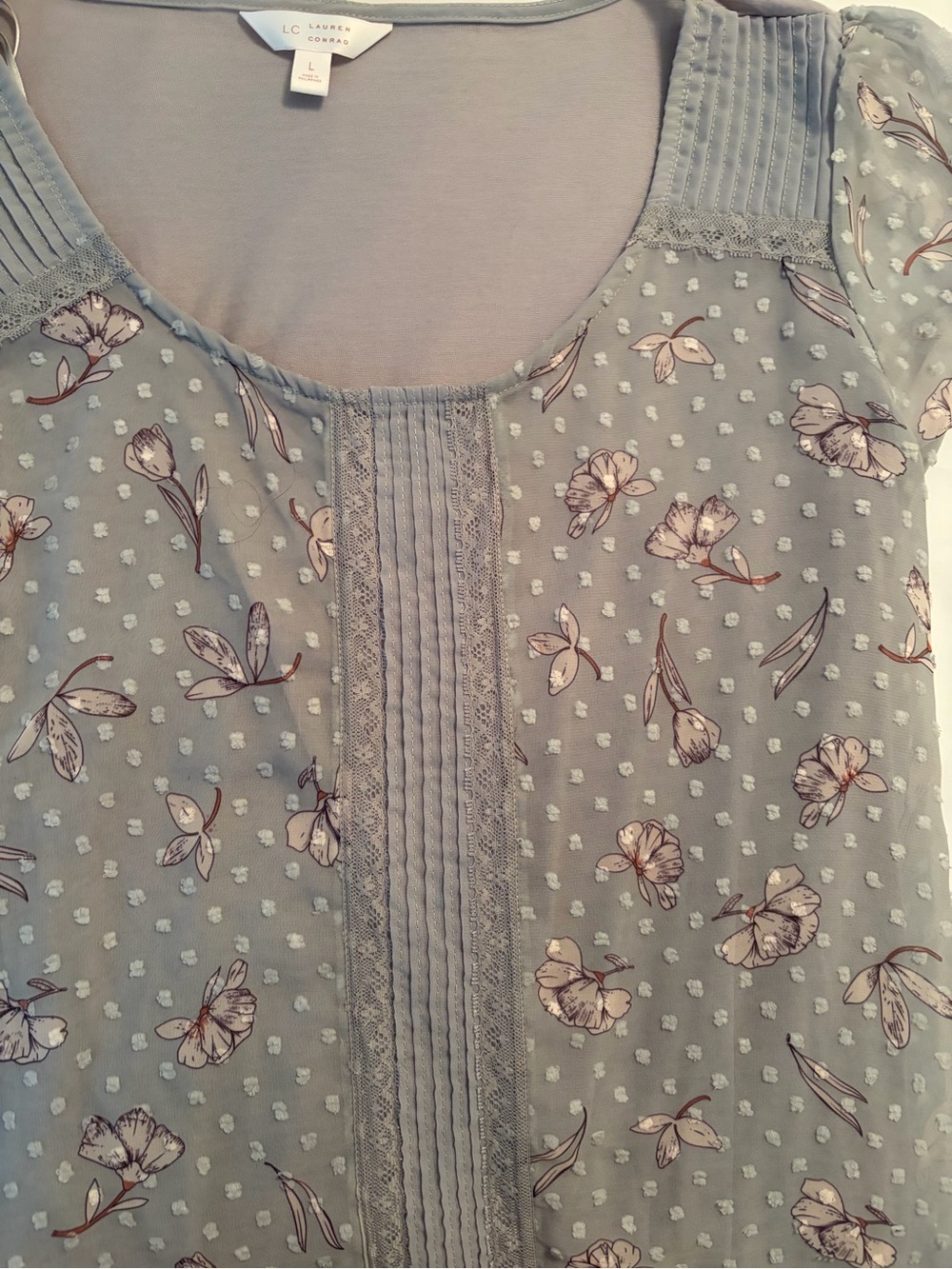 LC Lauren Conrad Dusty Blue Floral Pintuck Blouse